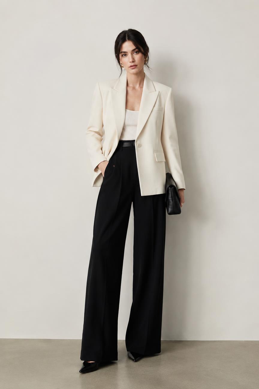 Look completo com blazer creme e calça preta