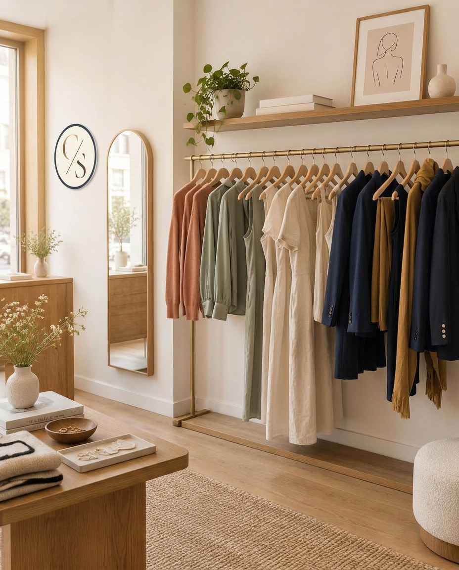 Interior de boutique com araras de roupas em tons neutros